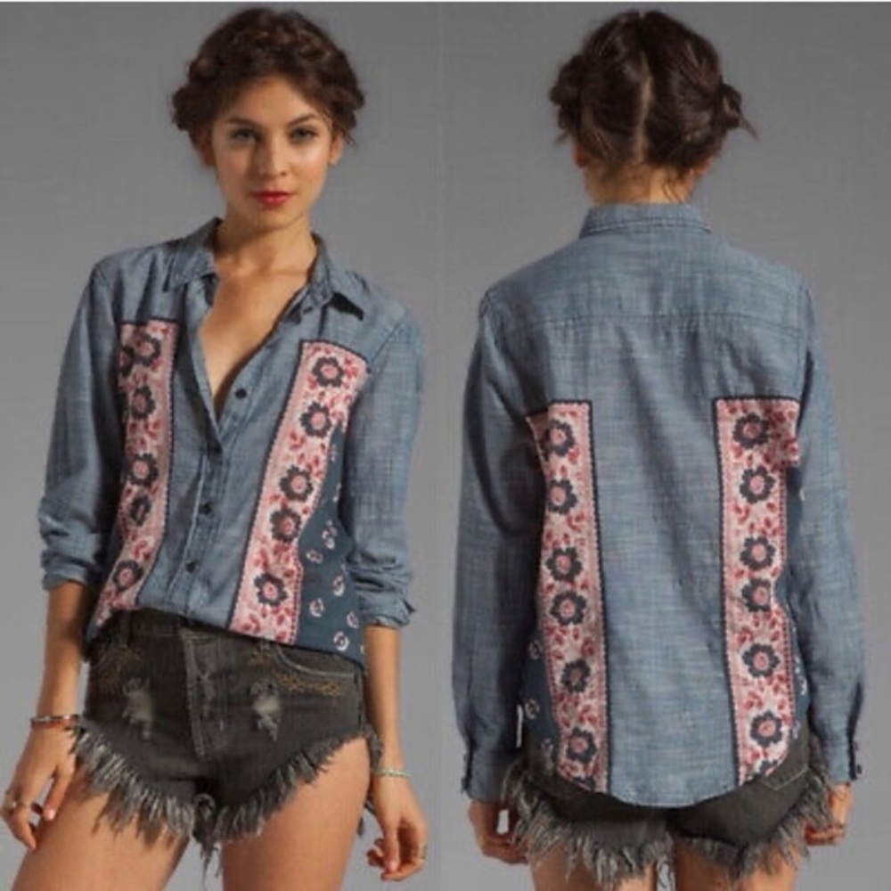 Free People Blue and Pink Button Down Shirt